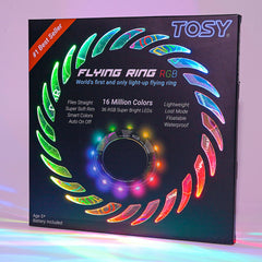 TOSY anillo volador frente del empaque mostrando LEDs y características clave