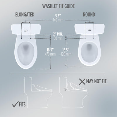 TOTO WASHLET S2 comparación de dimensiones que muestra ajuste al inodoro alargado