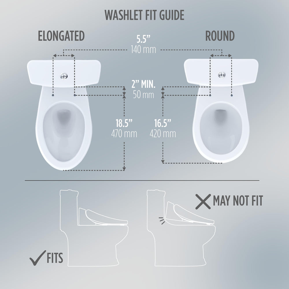 TOTO WASHLET S2 comparación de dimensiones que muestra ajuste al inodoro alargado