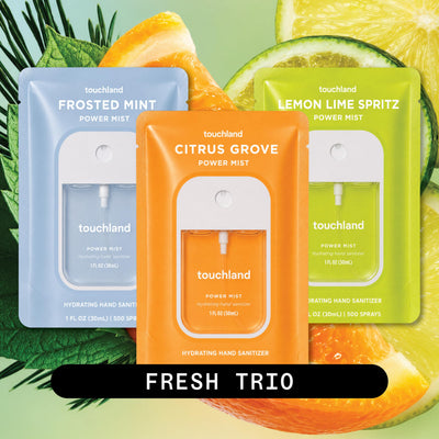 Touchland three-spray set arranged neatly highlighting portability benefit