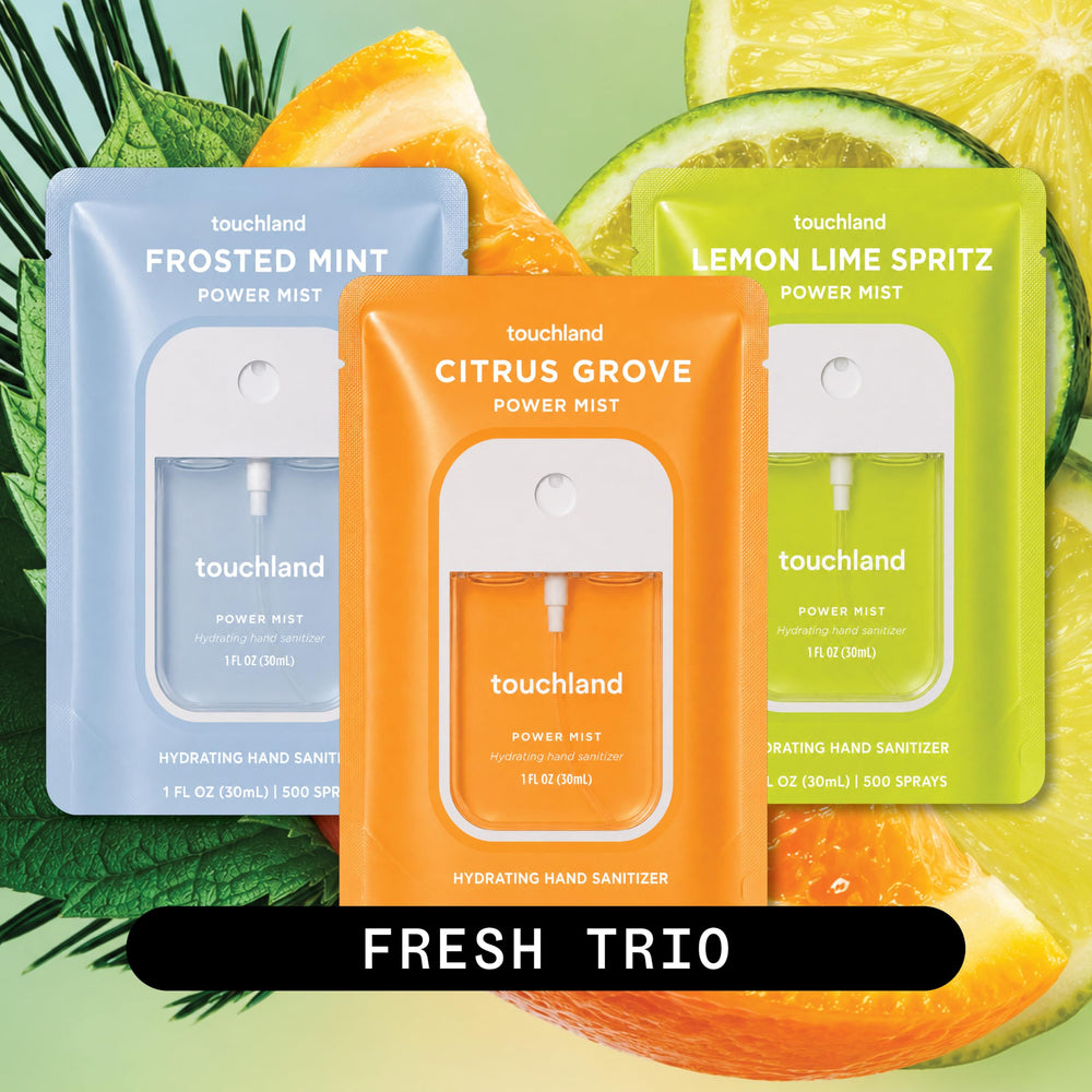 Touchland three-spray set arranged neatly highlighting portability benefit