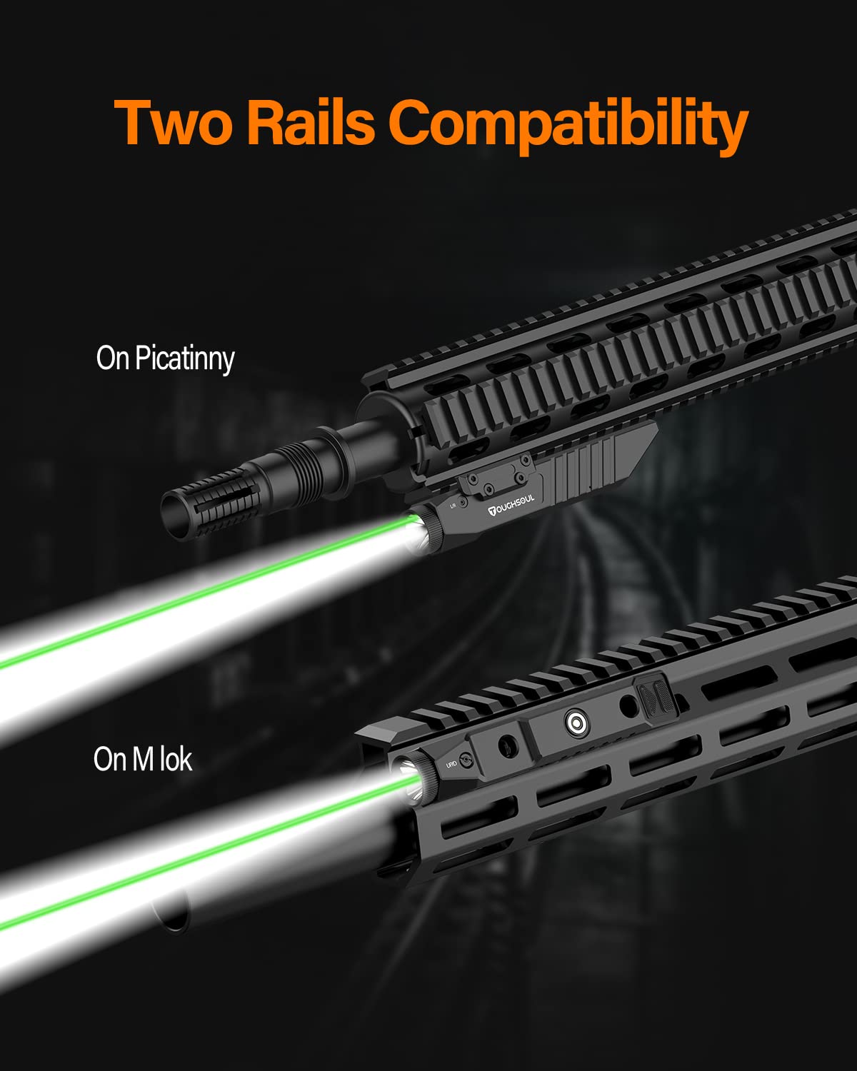 TOUGHSOUL close-up of lens and green laser emitter demonstrating accurate aiming benefit
