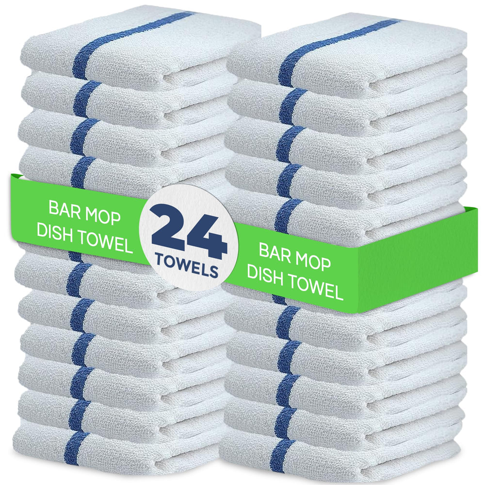 Towels N More front packaging showing 24-pack blue stripe towels and easy identification benefit