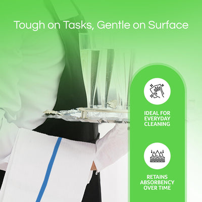 Towels N More wiping a kitchen counter demonstrating streak-free drying and quick cleanup benefit
