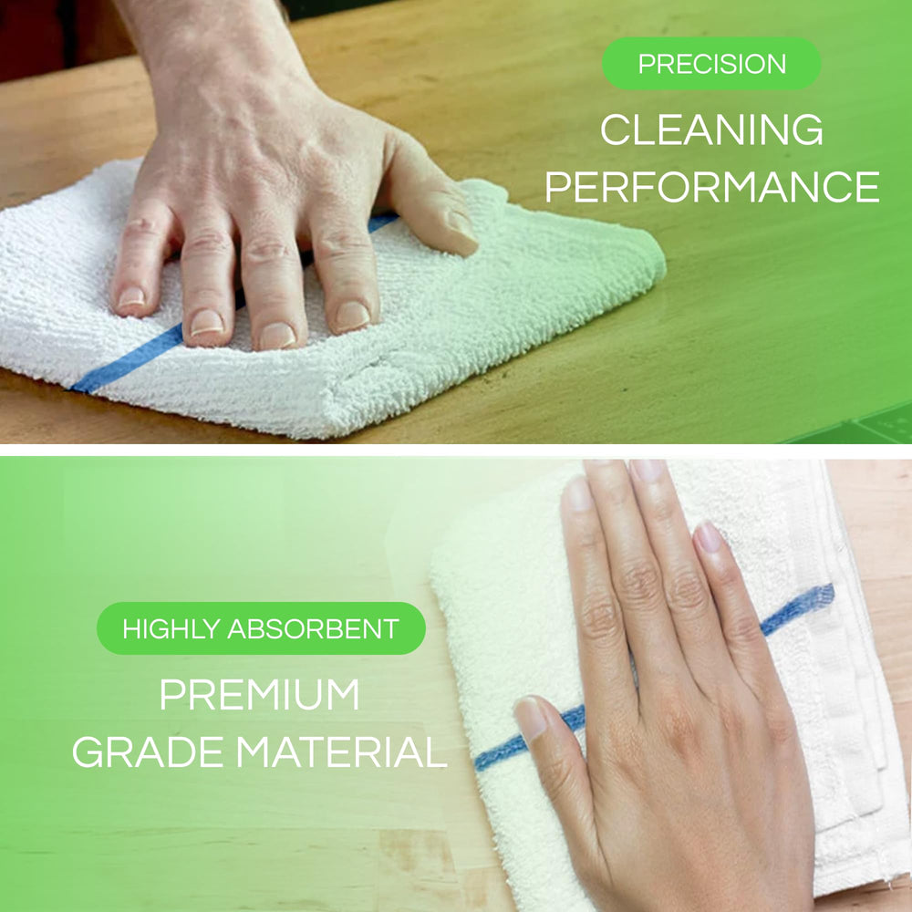 Towels N More next to a hand for scale showing 16x19 inch coverage and efficient wiping benefit