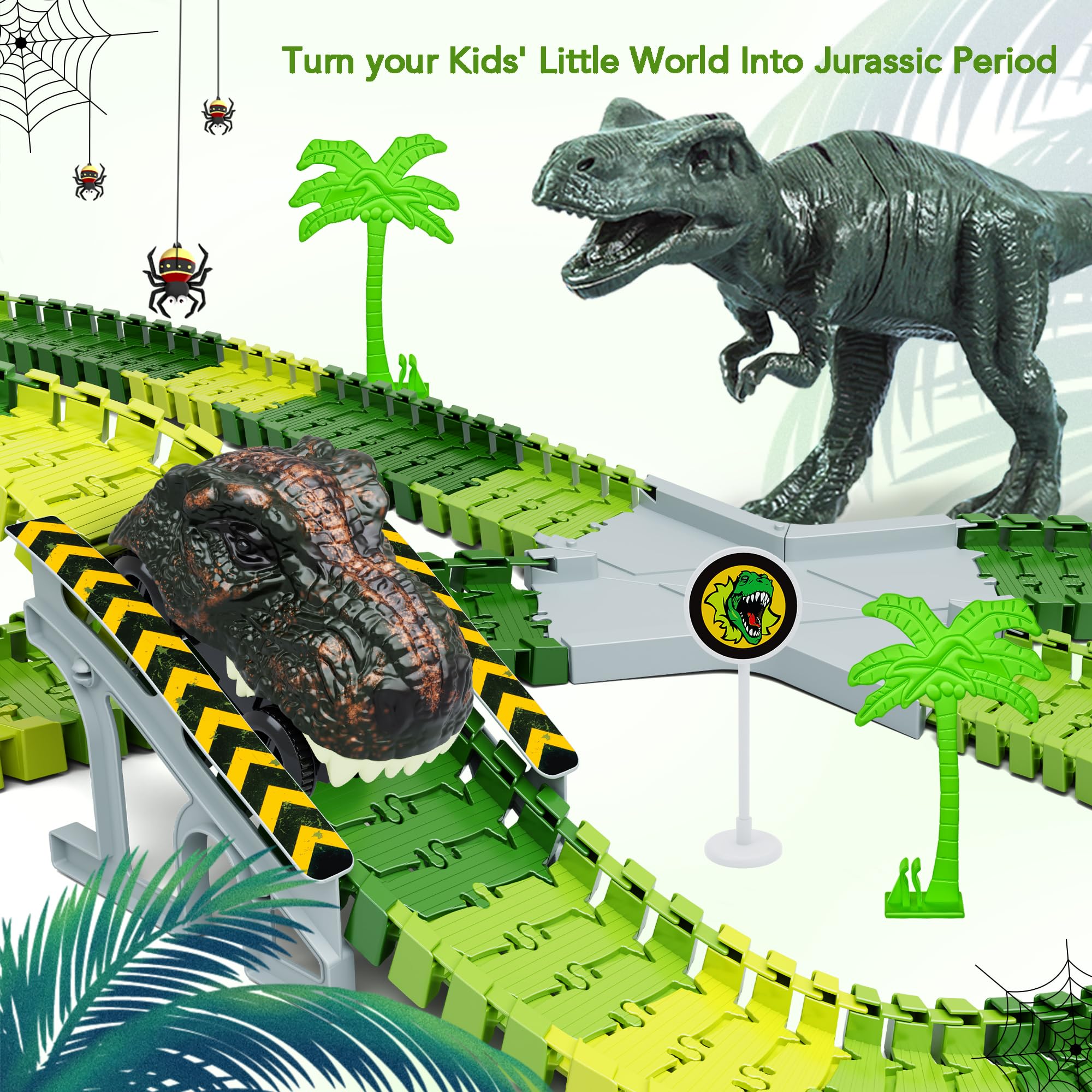 Toyk trees and traffic signs creating immersive dinosaur world