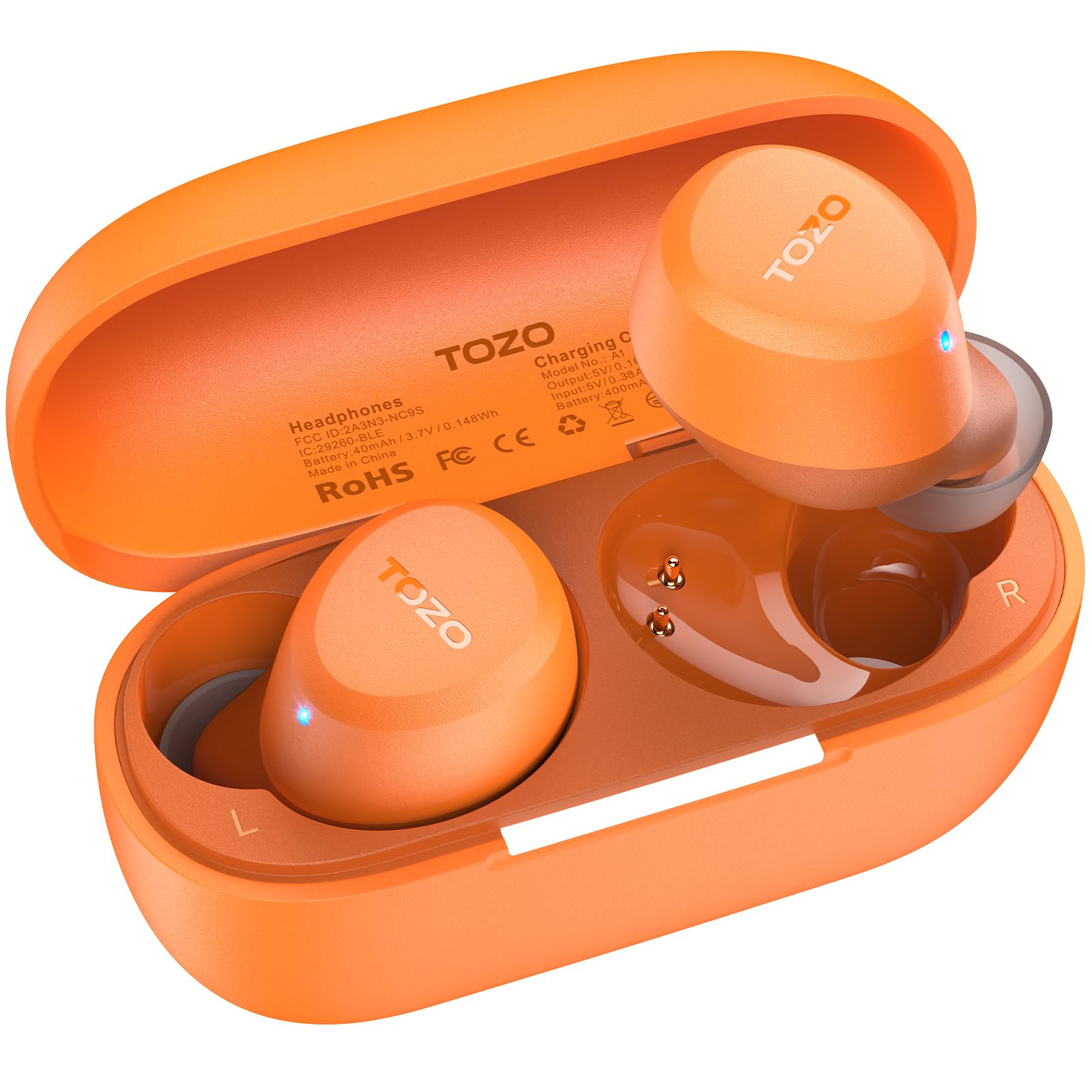TOZO A1 frontal con estuche abierto mostrando autonomía y diseño compacto