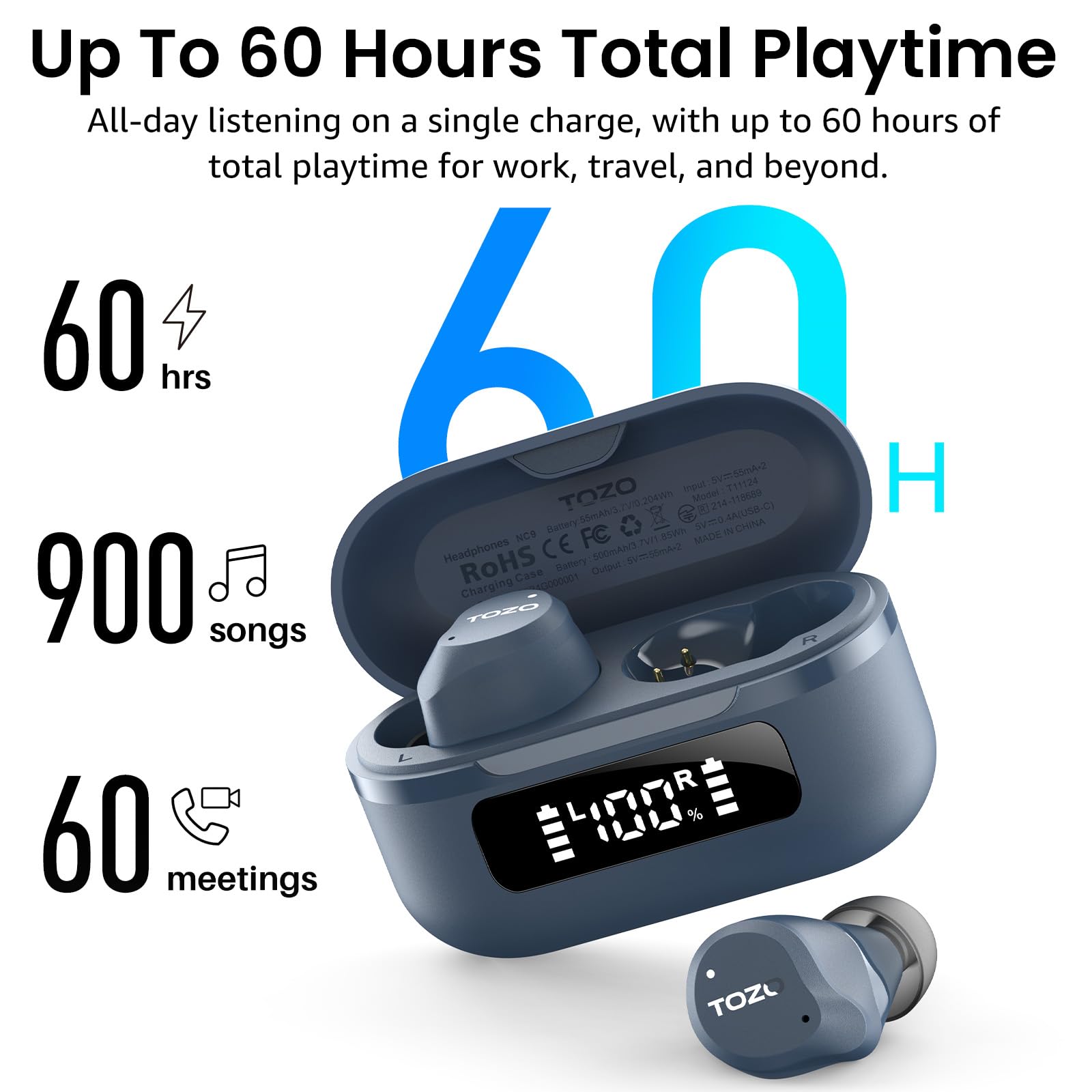 TOZO NC9 estuche abierto con auriculares listos para uso y recarga rápida