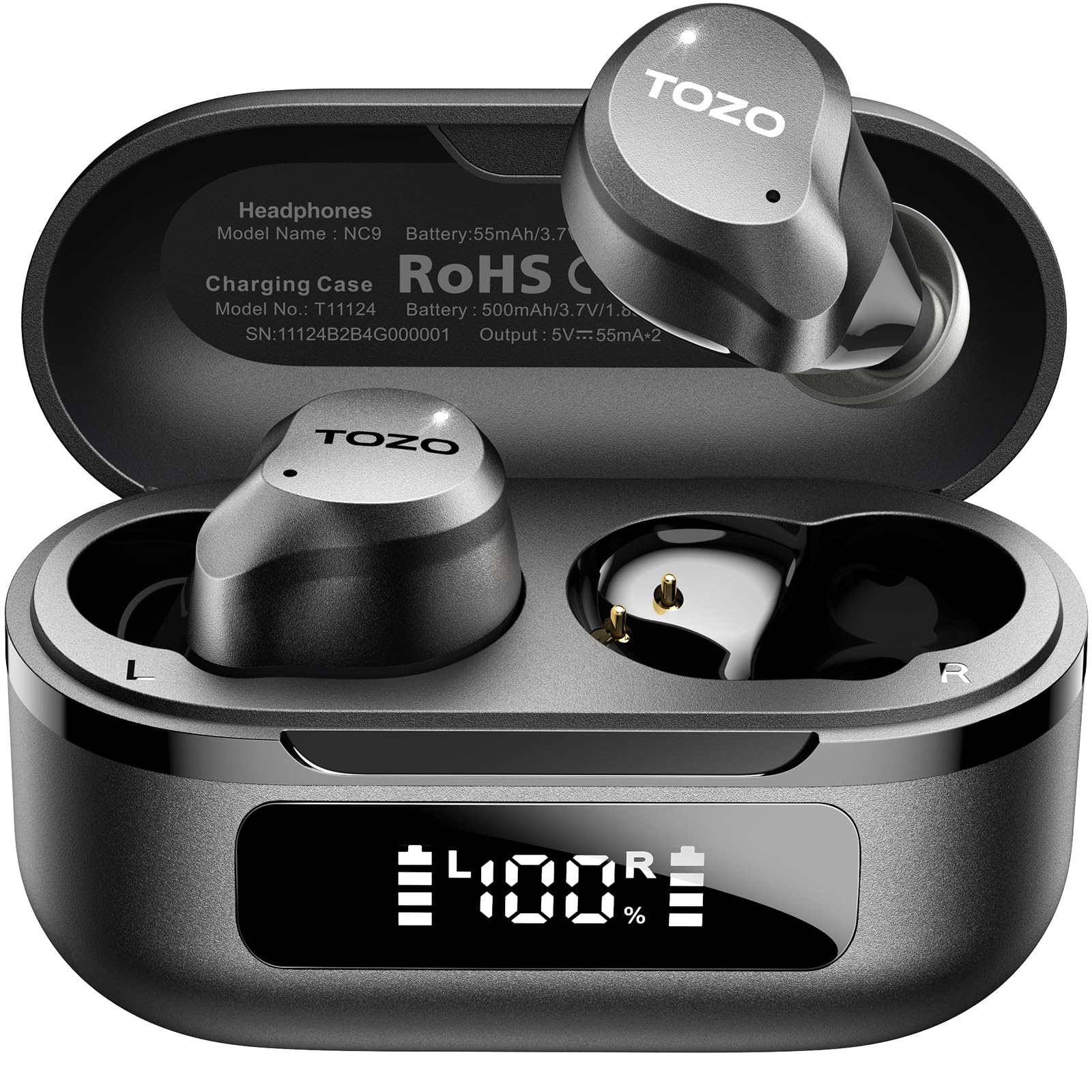 TOZO NC9 frontal con estuche mostrando diseño y comodidad