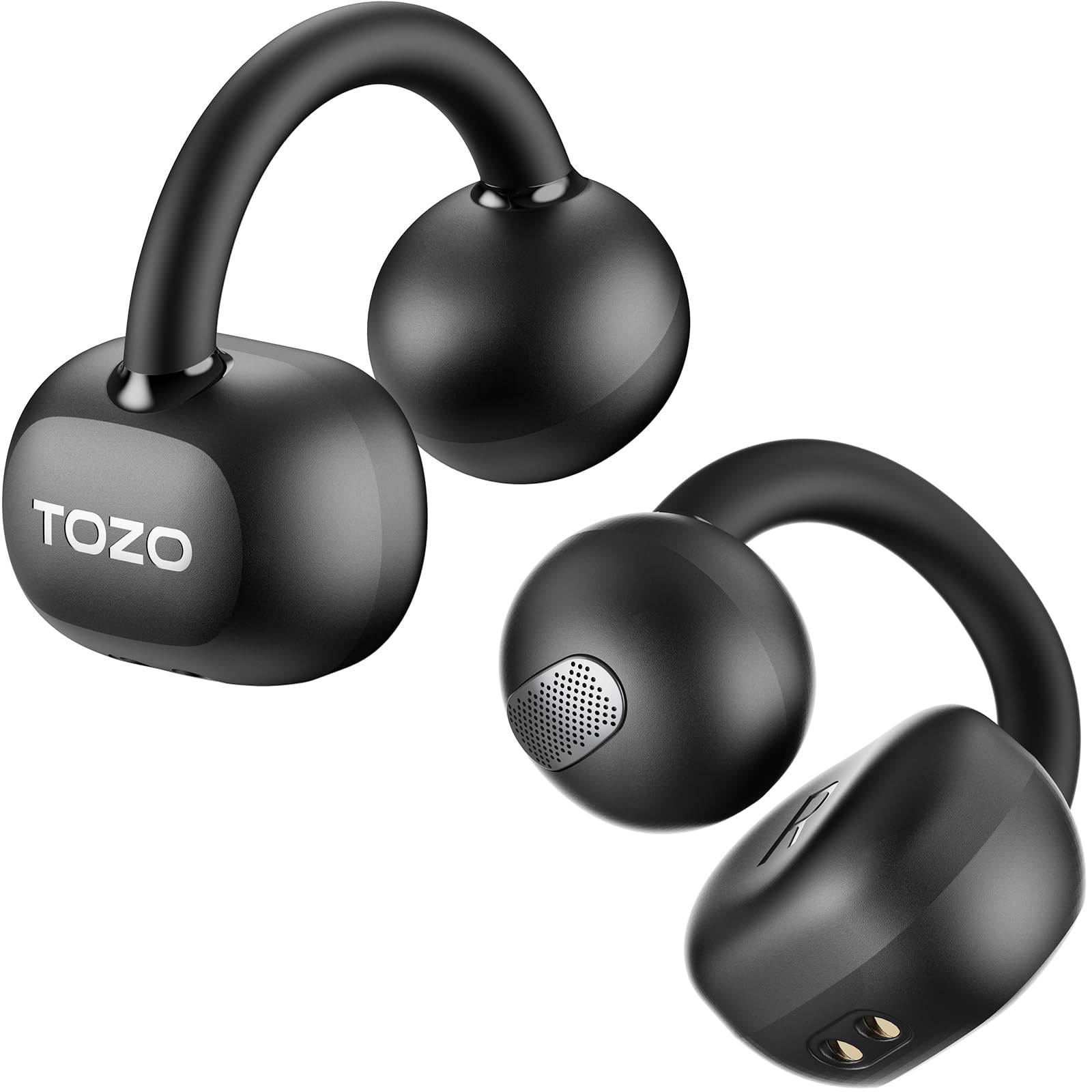 TOZO OpenEarRing vista frontal del auricular y estuche mostrando diseño cómodo