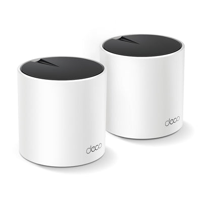 TP‑Link Deco X55 front view showing compact white design and LED status, highlights reliable coverage