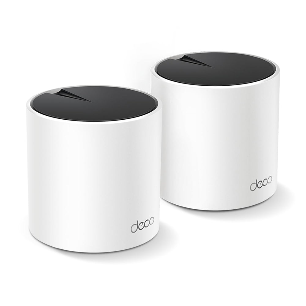 TP‑Link Deco X55 front view showing compact white design and LED status, highlights reliable coverage