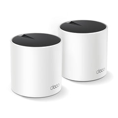 TP‑Link Deco X55 front view showing compact white design and LED status, highlights reliable coverage