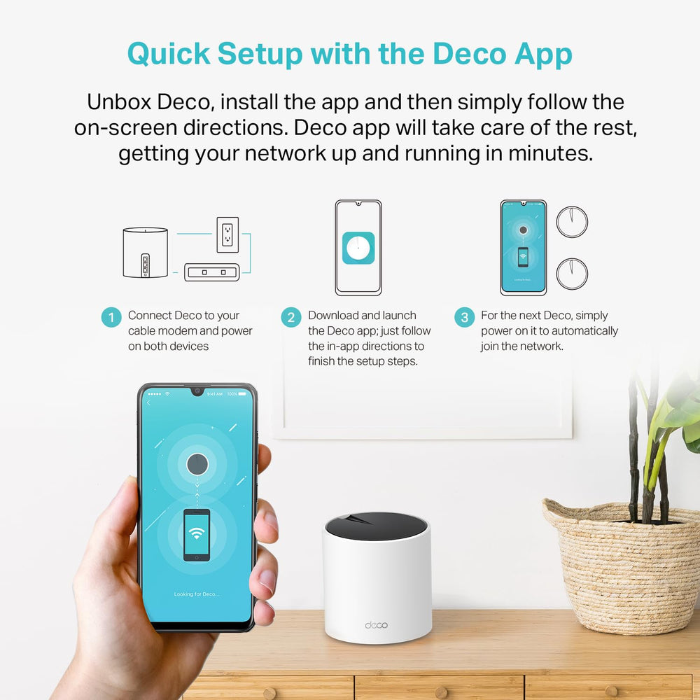 TP‑Link Deco X55 next to smartphone showing scale and compact size for convenient home placement