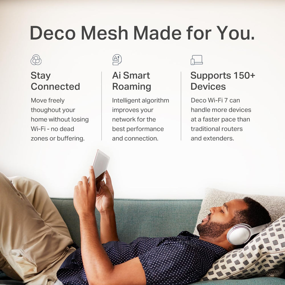 TP‑Link Deco 7 BE23 next to smartphone showing size and modern compatibility