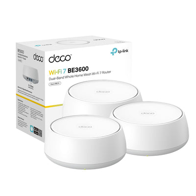 TP‑Link Deco 7 BE23 front packaging showing included 3‑pack and features