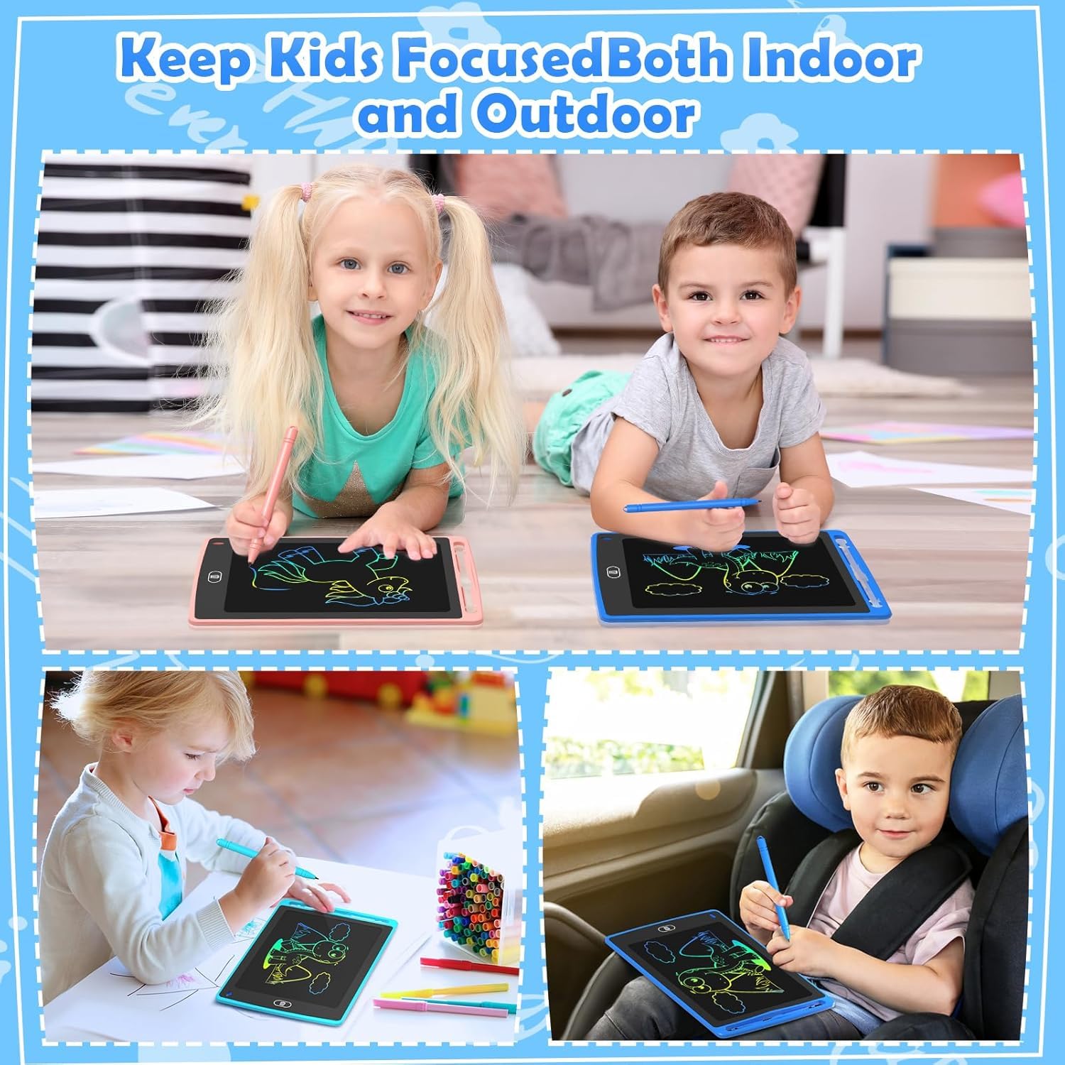 TQU child drawing on tablet in car showing quiet entertainment for trips