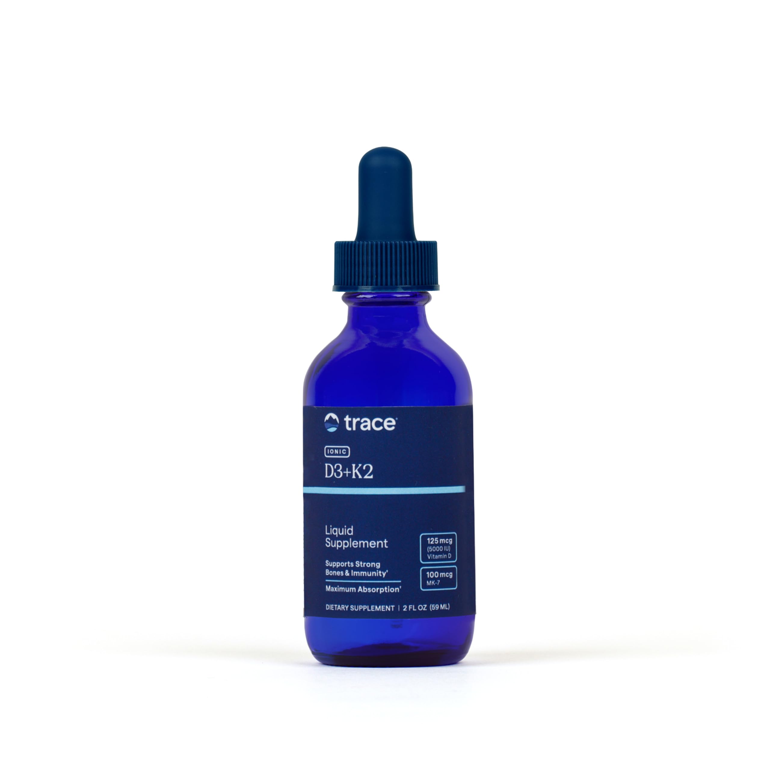 Trace Minerals botella frontal mostrando etiqueta y tamaño, confianza de marca