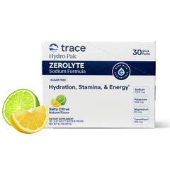 Trace Minerals ZeroLyte frontal del empaque mostrando 30 sobres y marca