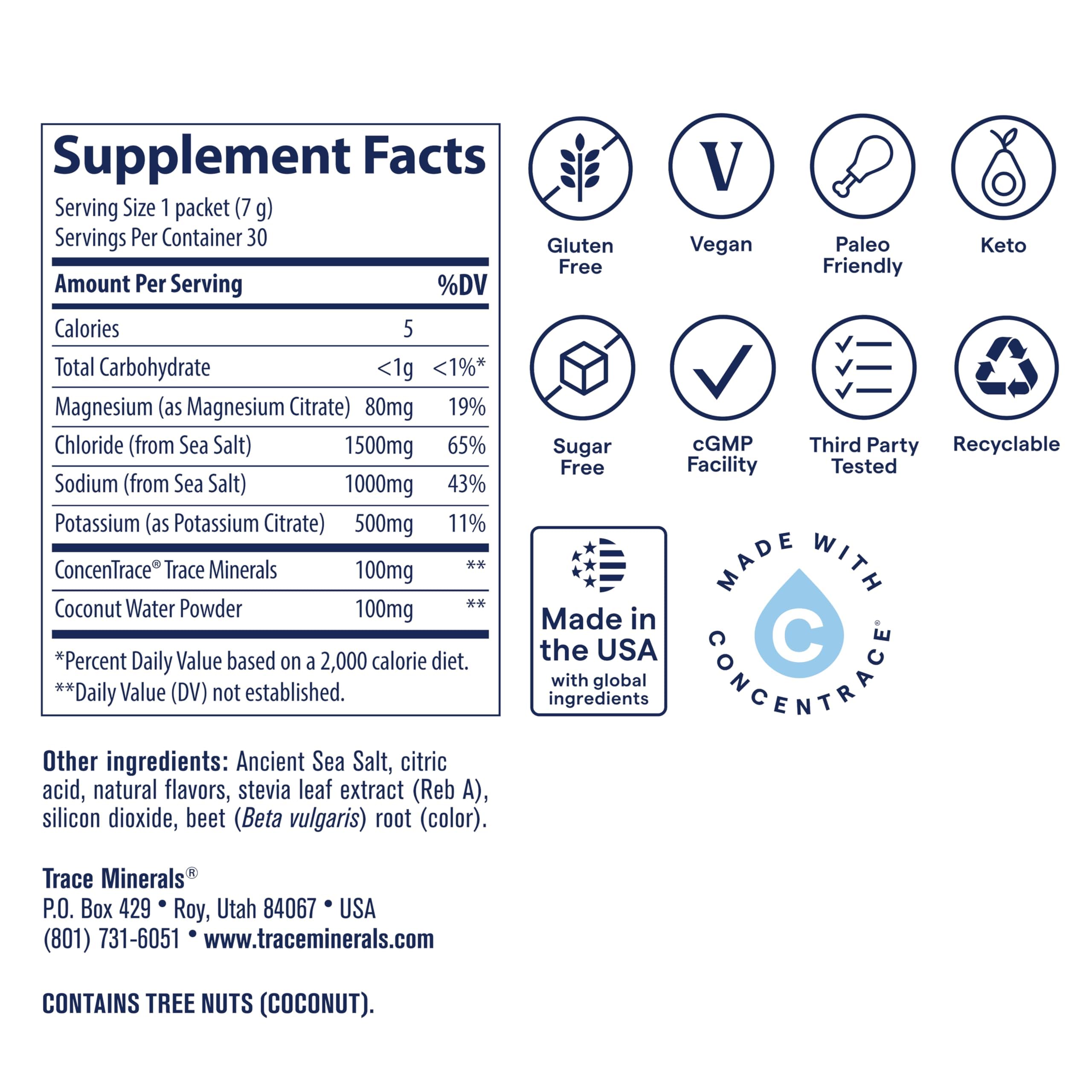 Trace Minerals detalle de la etiqueta con ingredientes y beneficios claros