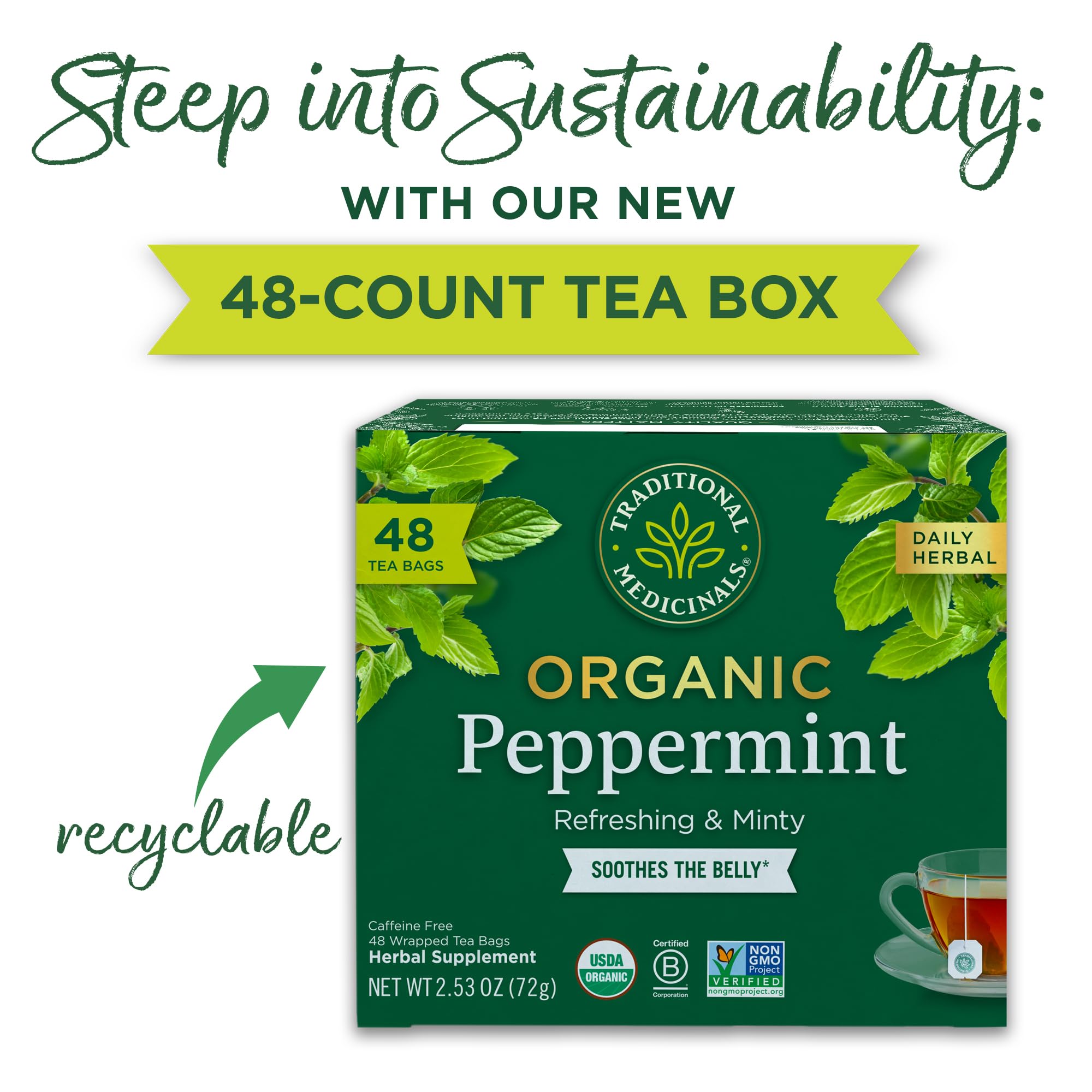 Traditional Medicinals bolsita en primer plano con textura y fibra compostable
