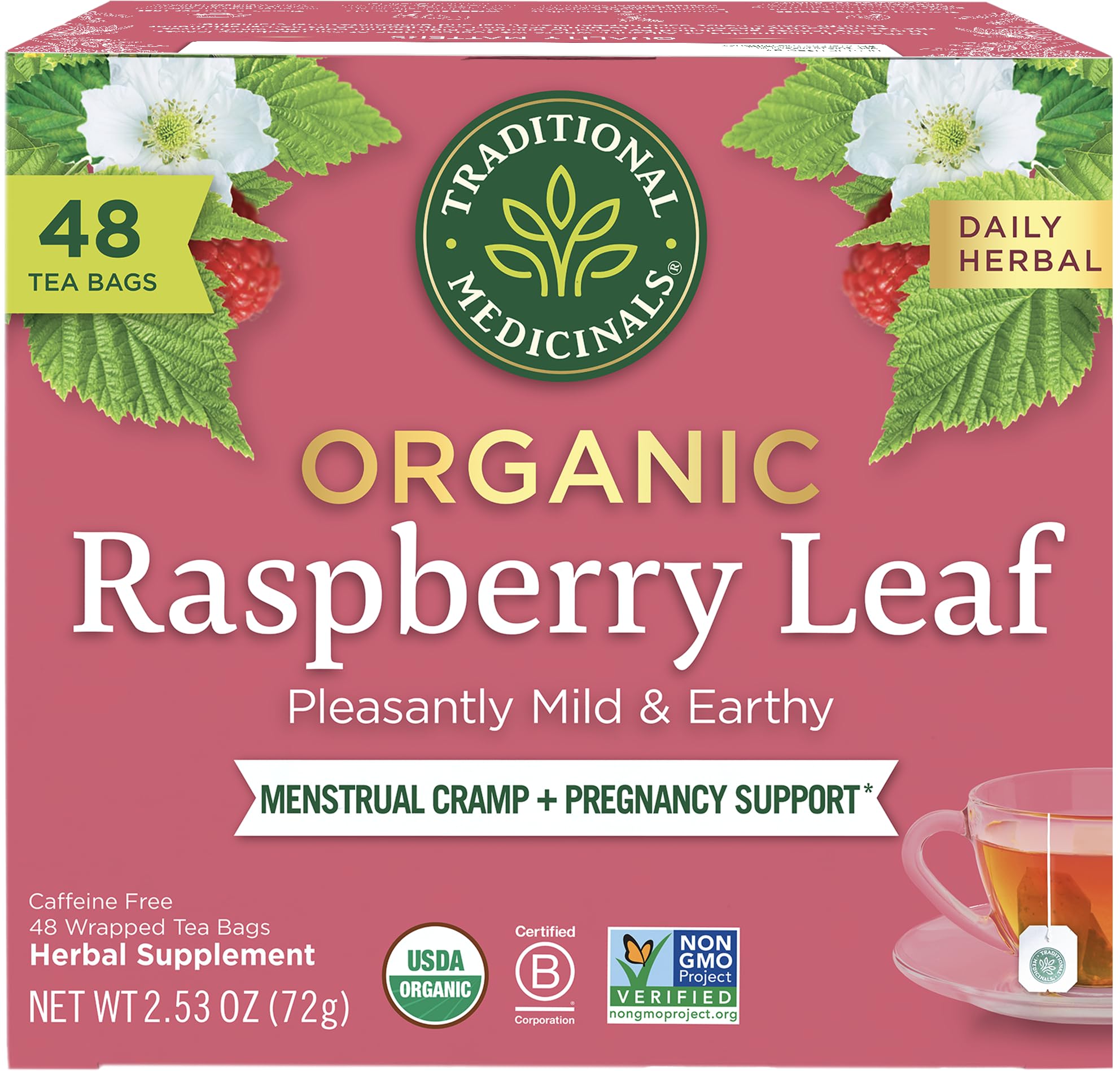 Traditional Medicinals caja frontal mostrando 48 bolsas y origen orgánico