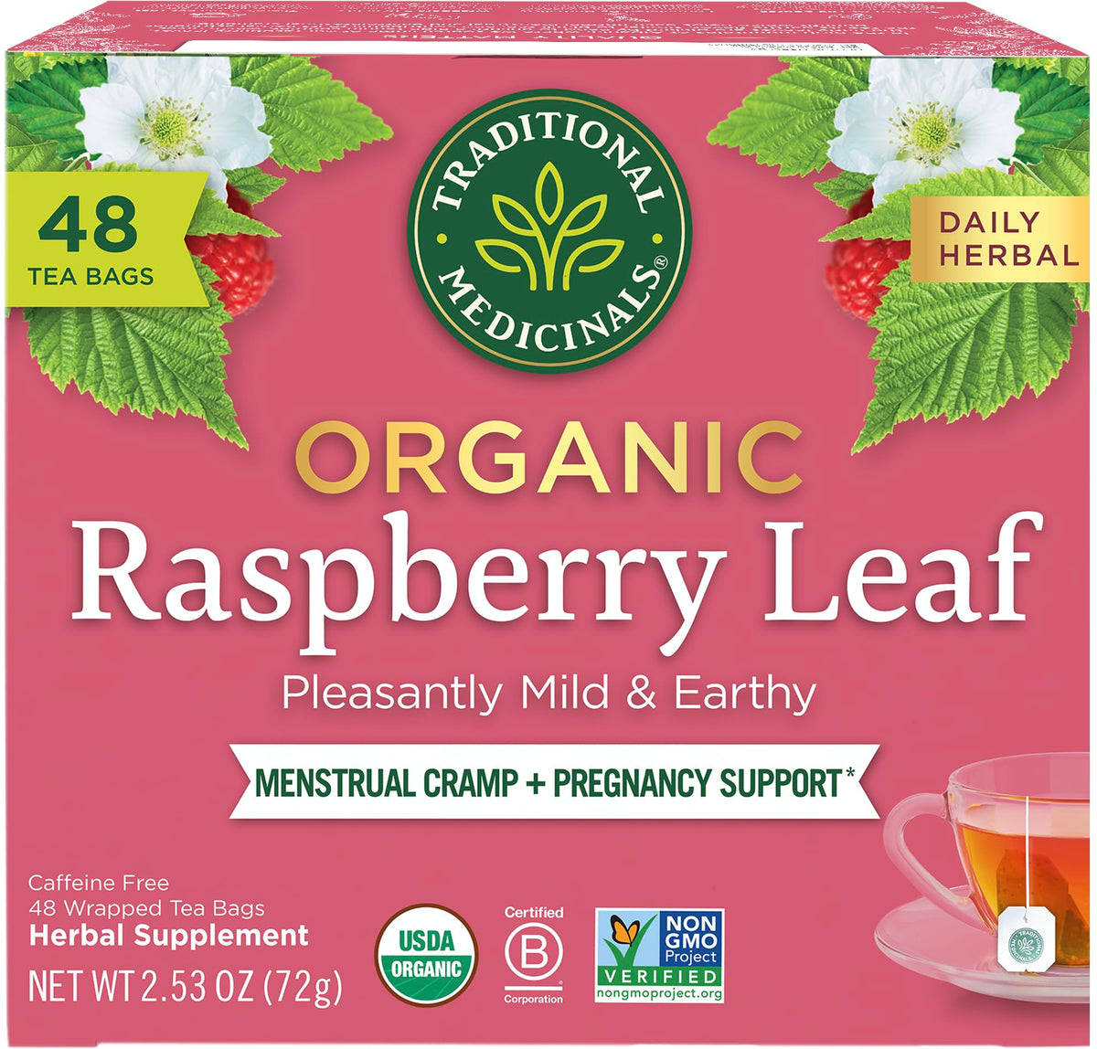 Traditional Medicinals caja frontal mostrando 48 bolsas y origen orgánico