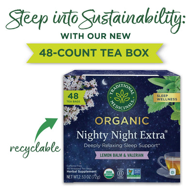 Traditional Medicinals primer plano de bolsita compostable y textura, destaca sostenibilidad