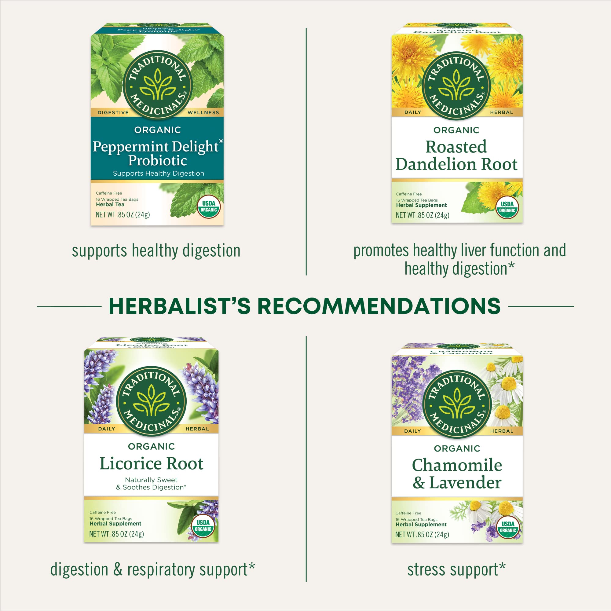 Traditional Medicinals etiqueta con certificaciones orgánicas y ventajas