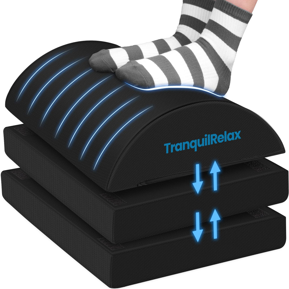 TranquilRelax frontal del reposapiés mostrando diseño negro y estabilidad