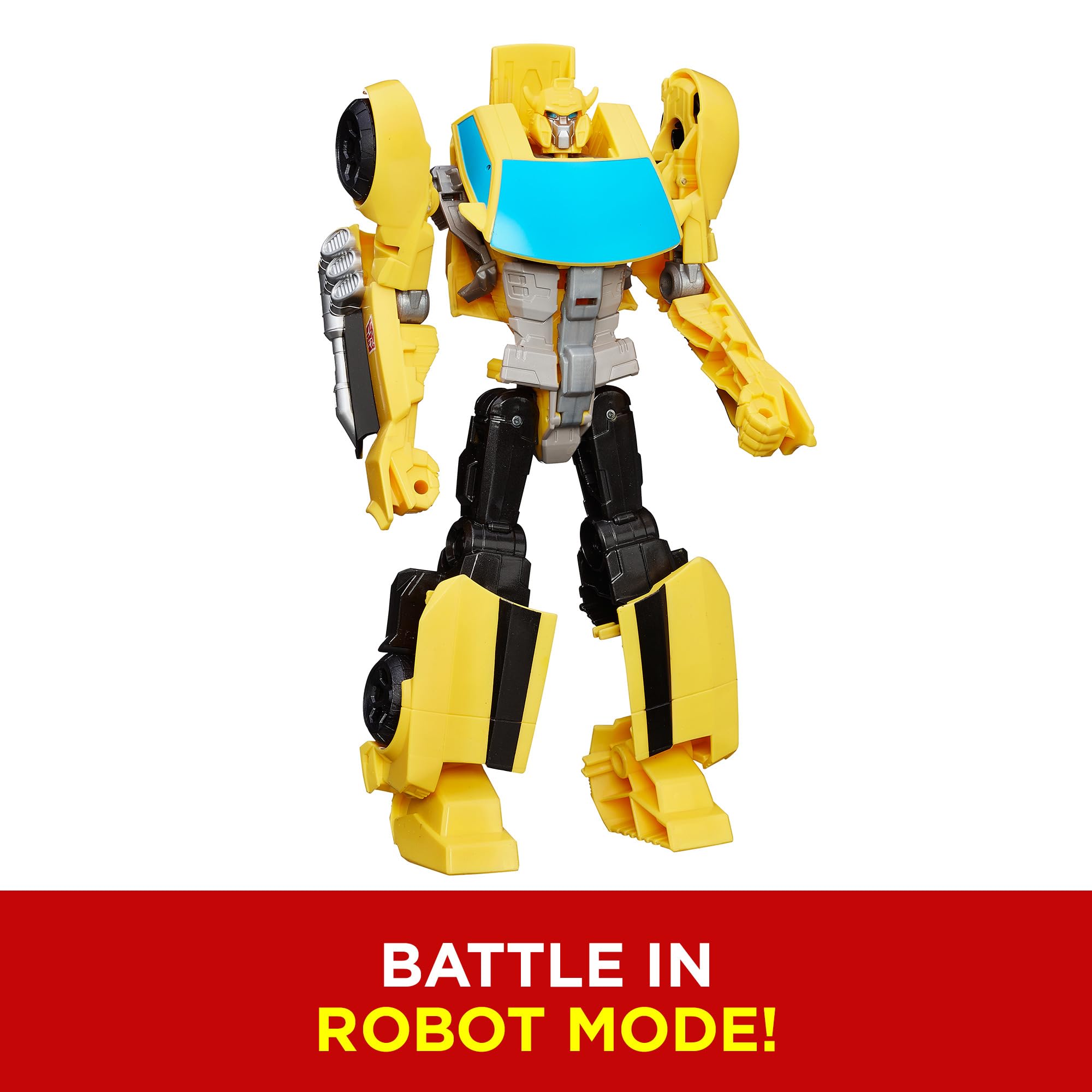 Transformers Bumblebee in hand for scale demonstrating 11-inch size and kid-friendly handling