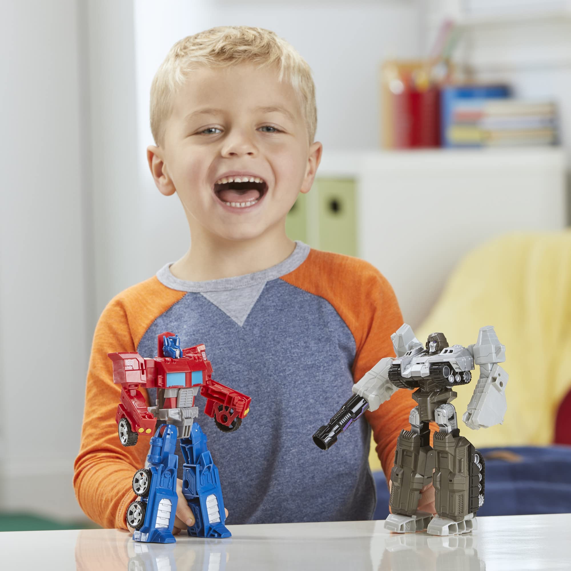 Transformers conversion steps demonstrated with Optimus Prime, brand helping easy-transform benefit