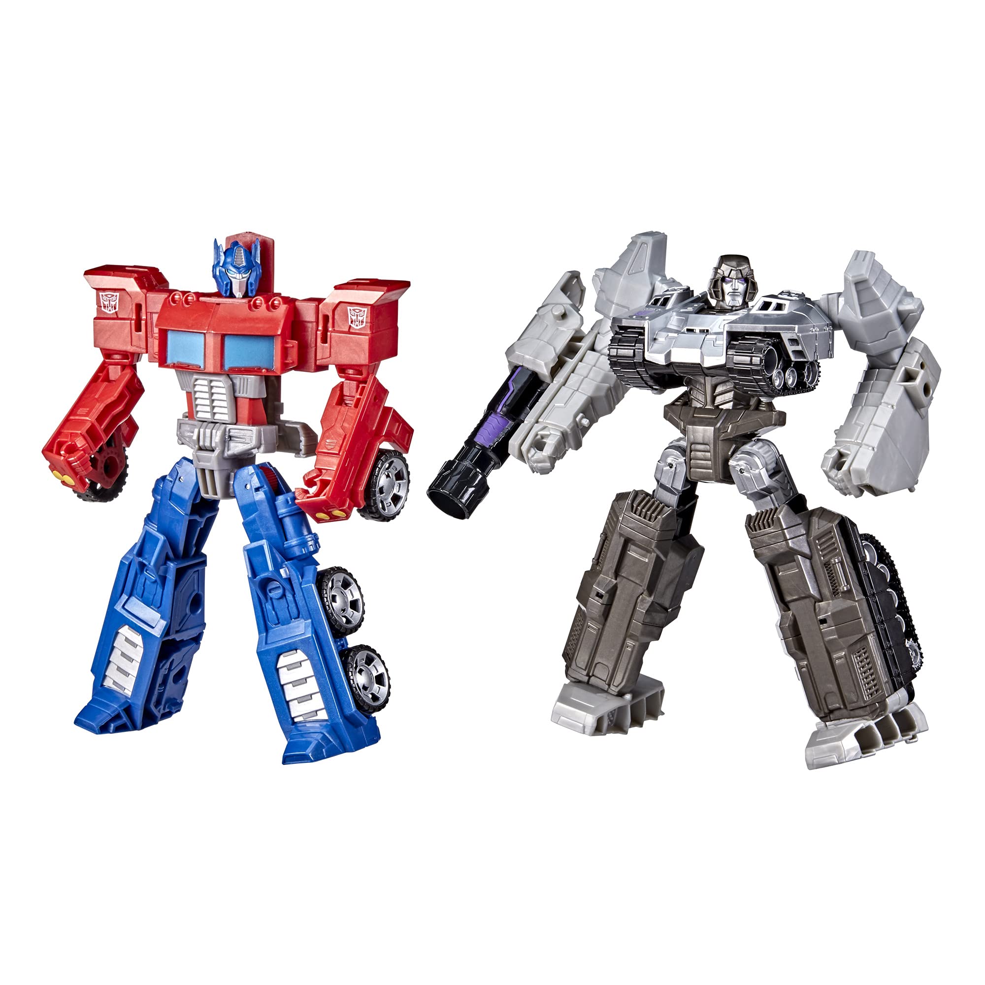 Transformers front packaging showing Optimus Prime and Megatron, brand-focused collectible display benefit