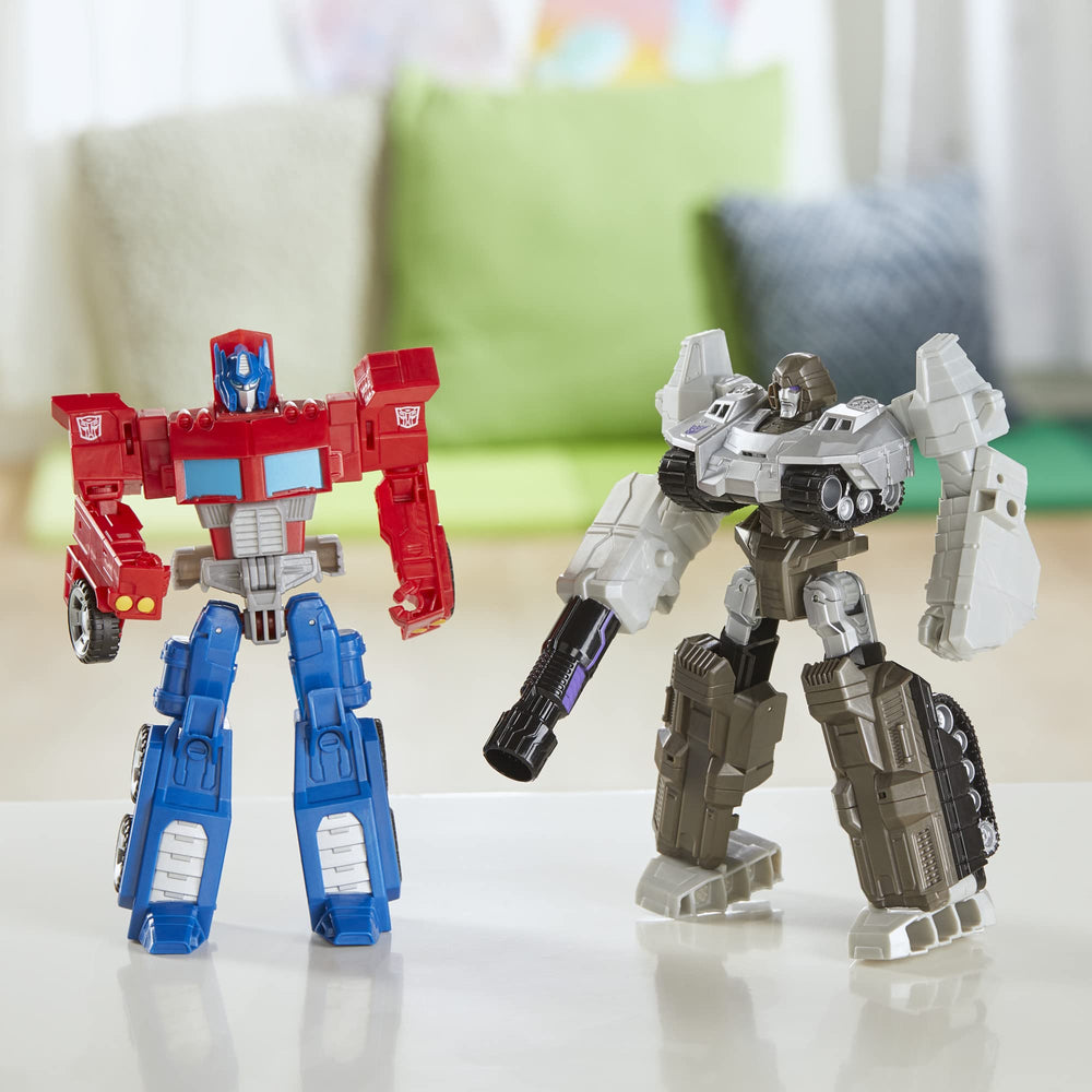 Transformers Optimus Prime truck mode next to a ruler for scale, brand showing size benefit