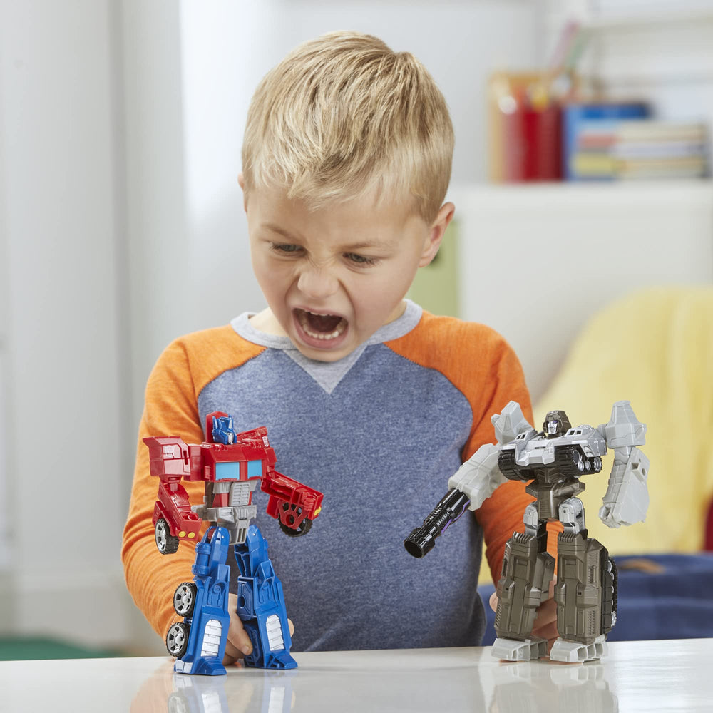 Transformers Optimus Prime and Megatron posed in battle, brand demonstrating dynamic play benefit