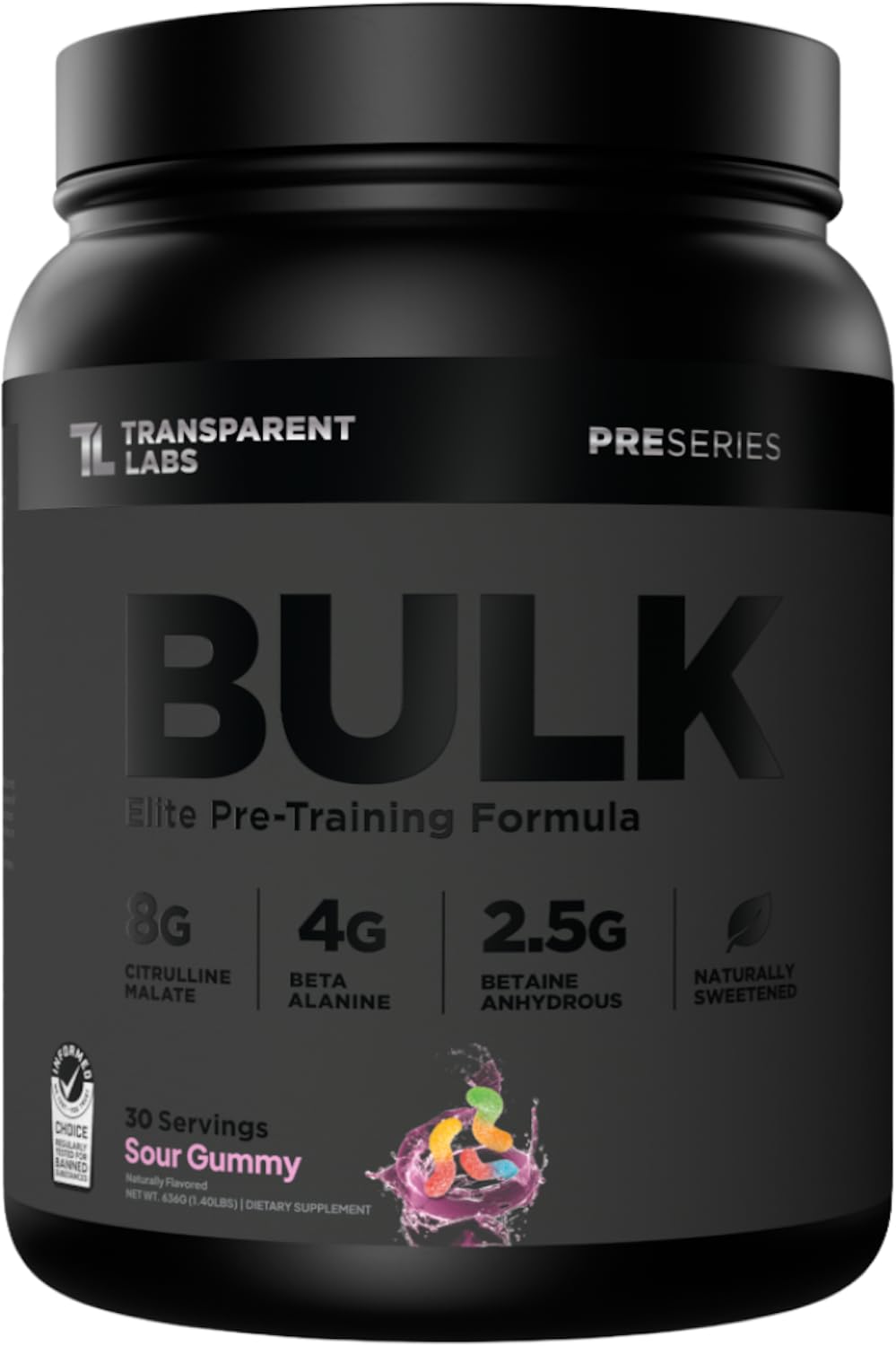 Transparent Labs bote frontal con diseño y beneficio de claridad de etiqueta