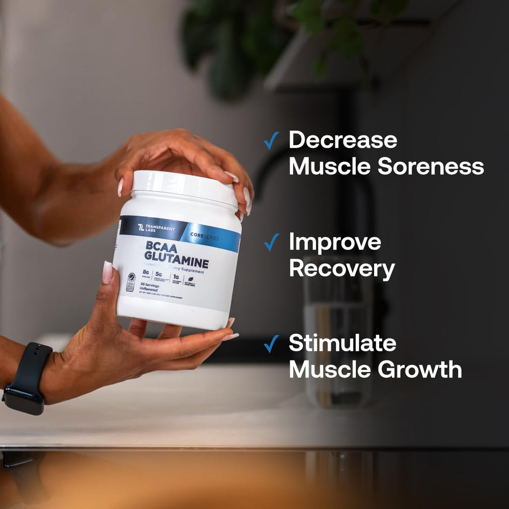 Ingredientes activos Transparent Labs: BCAA, glutamina y agua de coco visibles