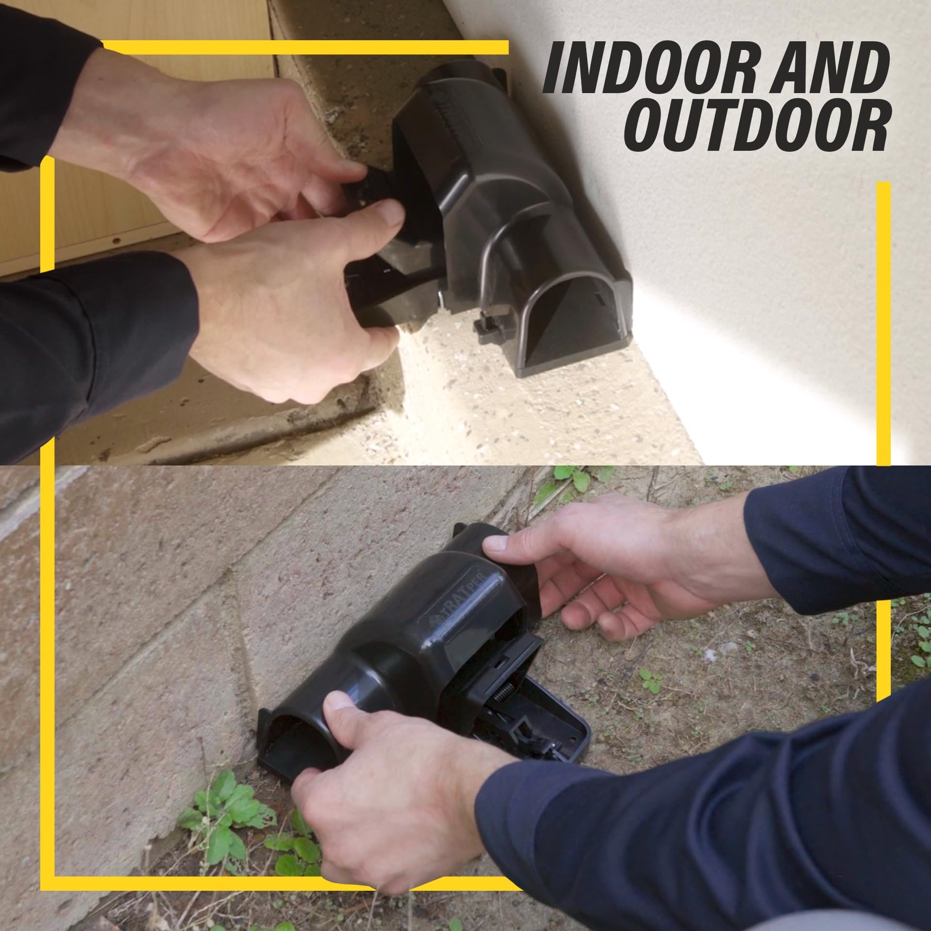 TRATPER trampa instalada bajo alero en exterior, control discreto de plagas