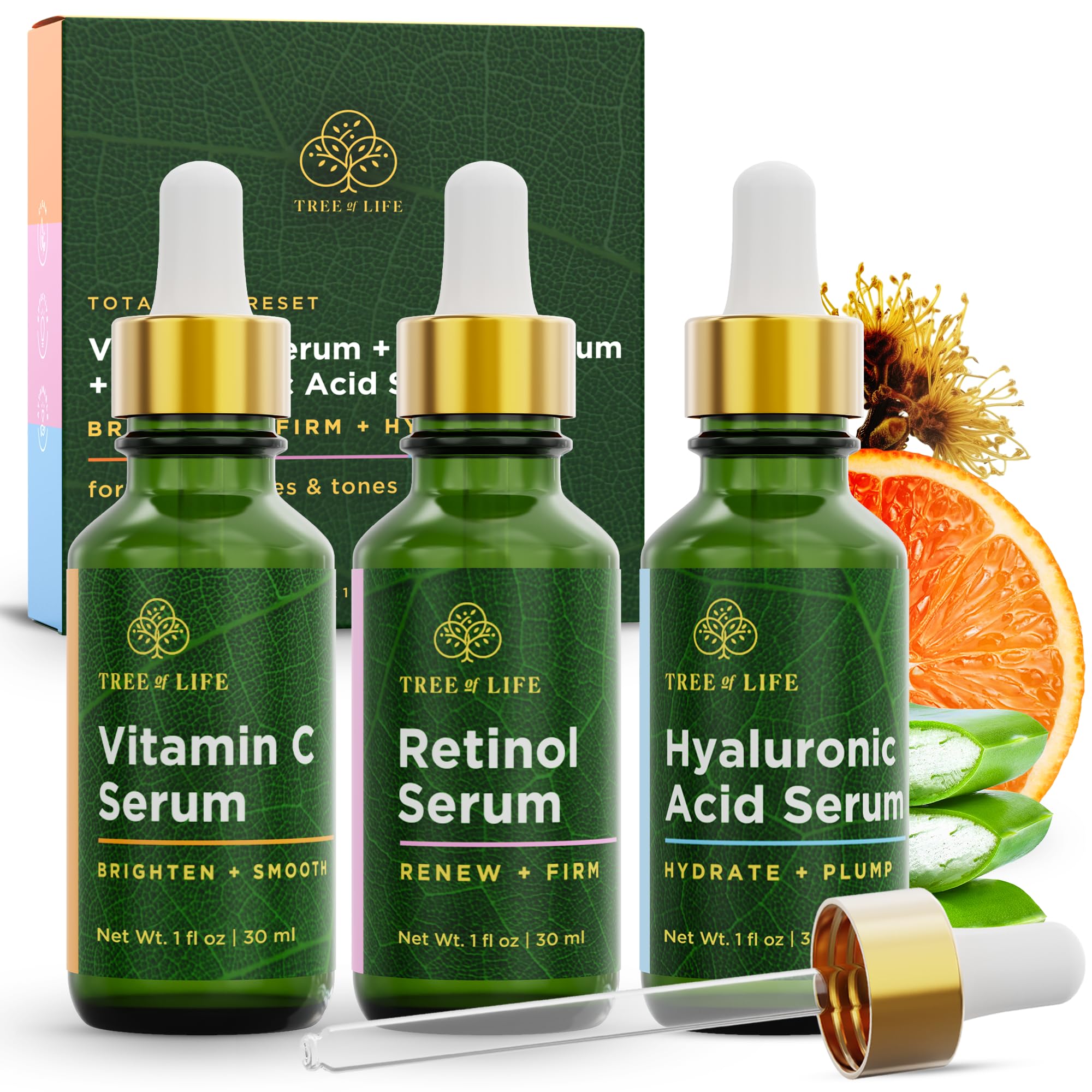 Tree of Life set frontal mostrando las tres botellas y beneficios diarios