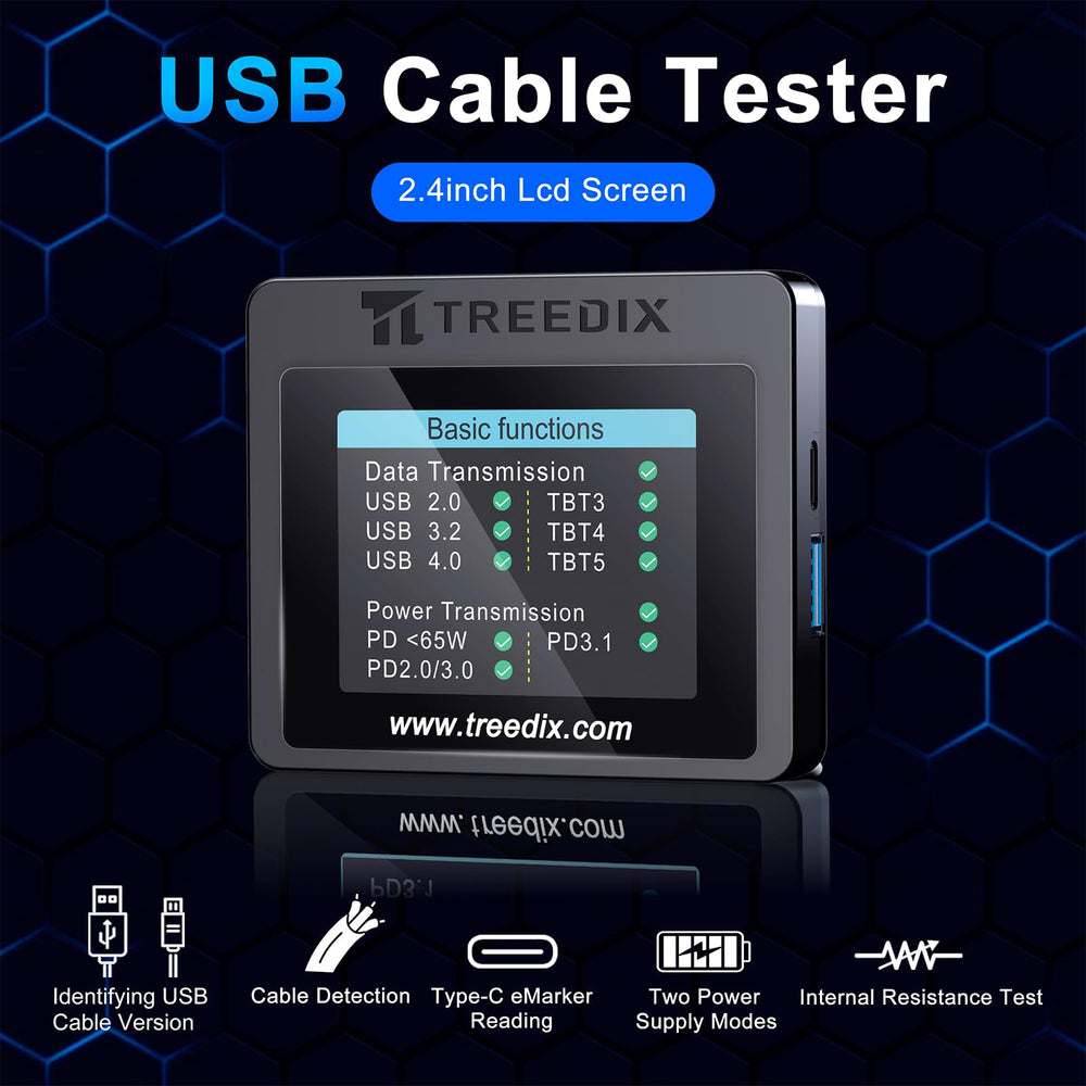 Treedix pantalla 2.4" en color mostrando lecturas de resistencia y eMarker