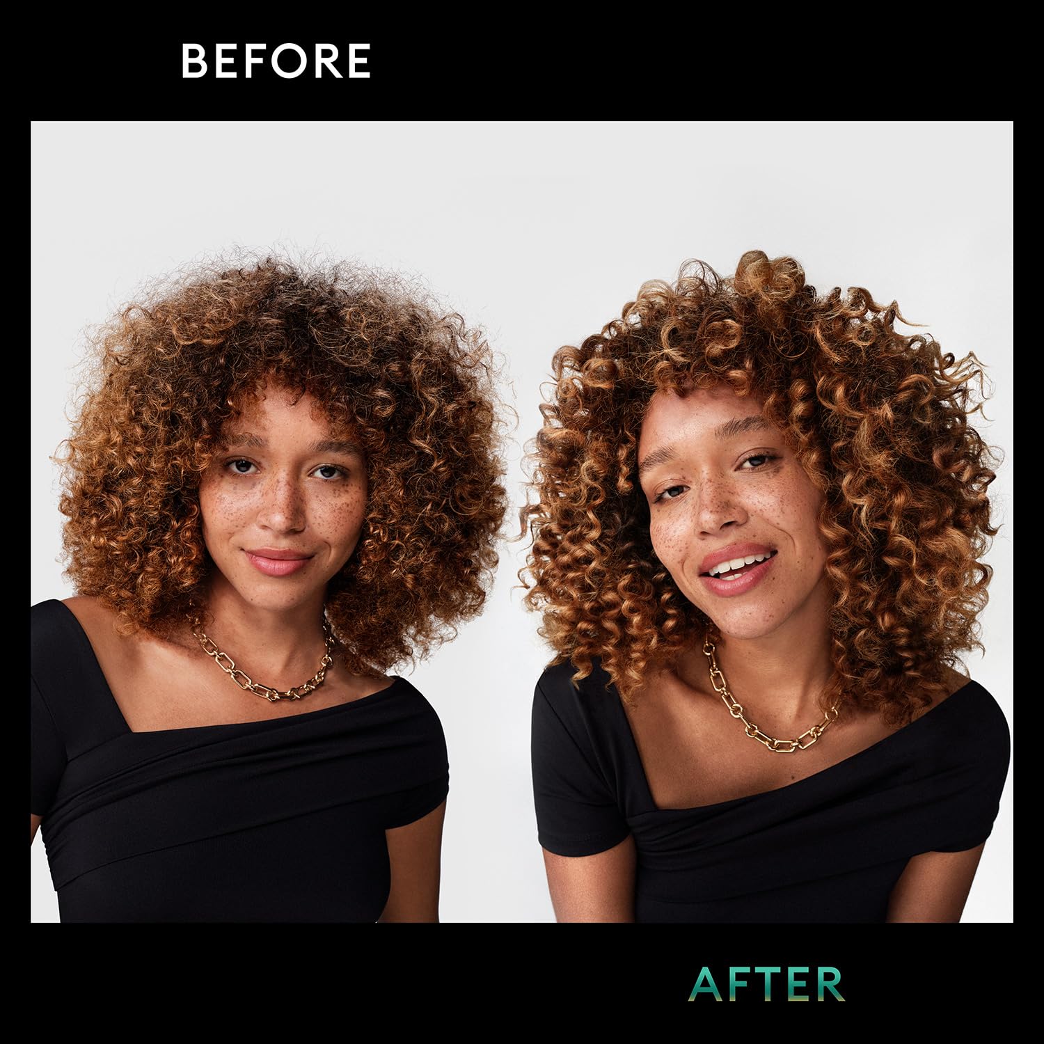 TRESemmé imagen antes y después mostrando rizos más definidos y menos frizz