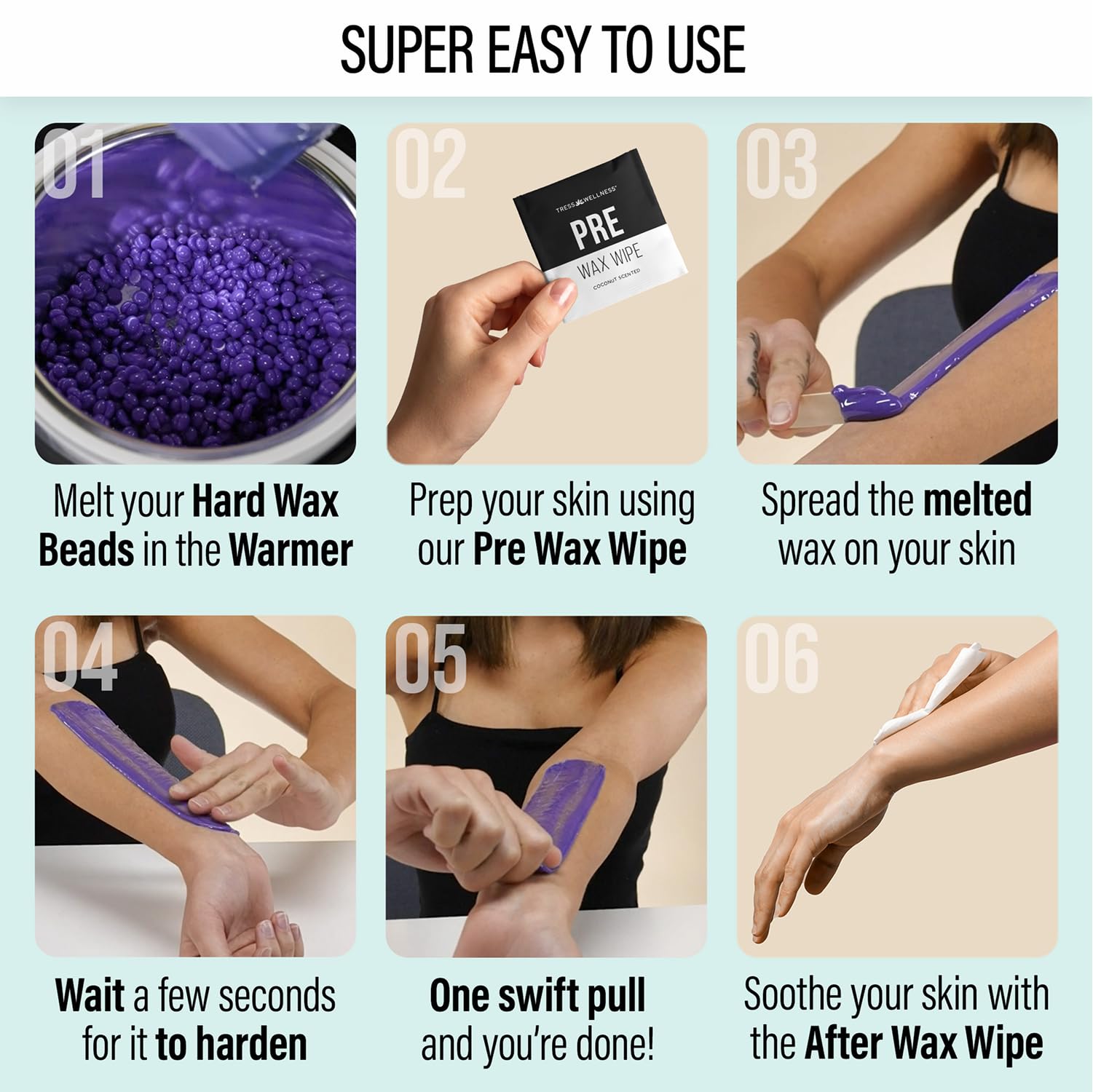 Tress Wellness printed guide plus phone showing WaxPal tutorial access and instruction