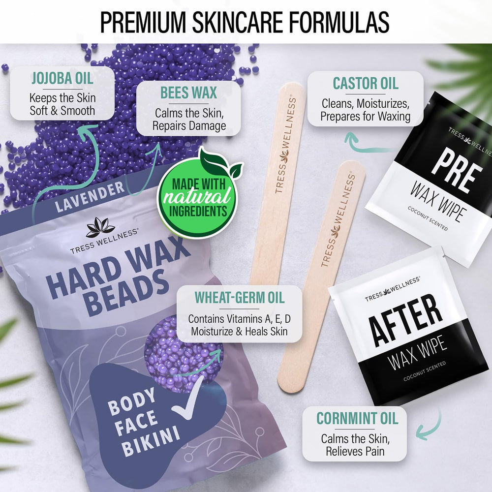 Tress Wellness waxing sticks and wipes arranged for clean, precise application