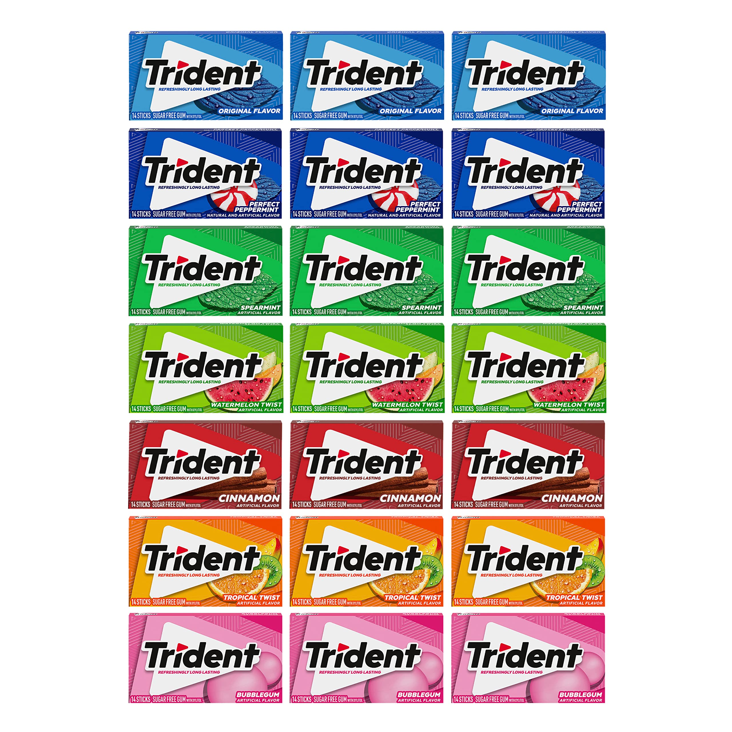 Trident paquete frontal surtido mostrando variedad y frescura
