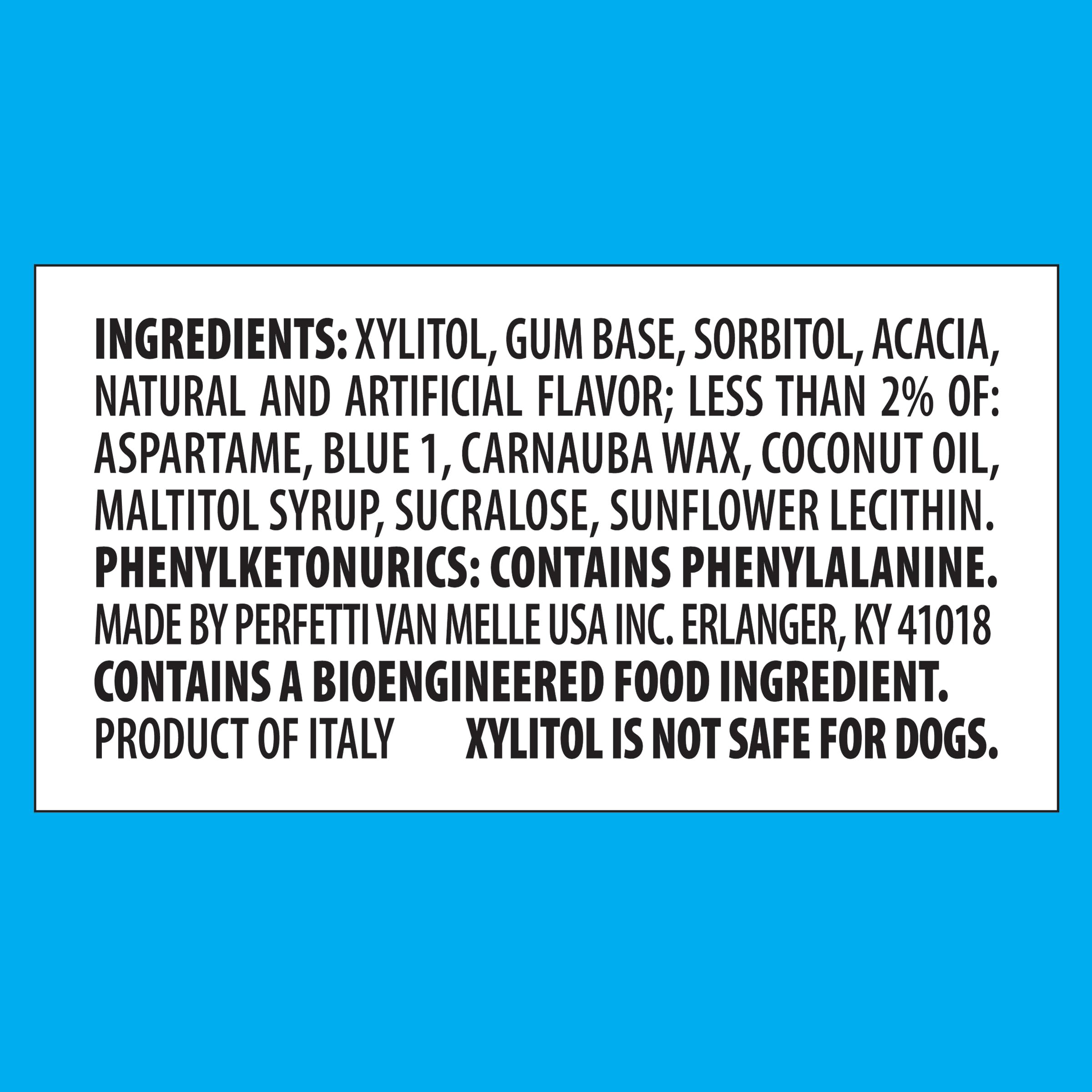 Trident etiqueta nutricional visible indicando sin azúcar y calorías reducidas
