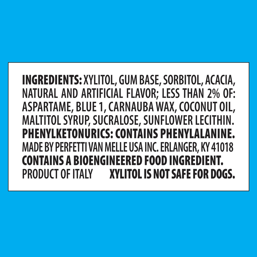 Trident etiqueta nutricional visible indicando sin azúcar y calorías reducidas