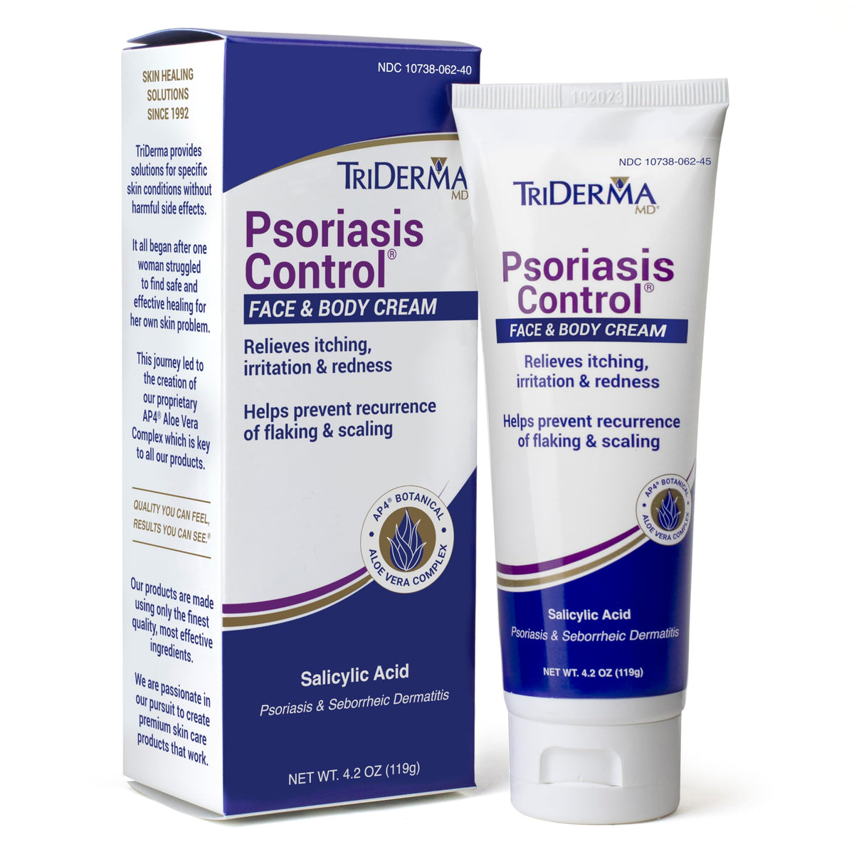 TriDerma frasco frontal mostrando etiqueta y beneficio calmante