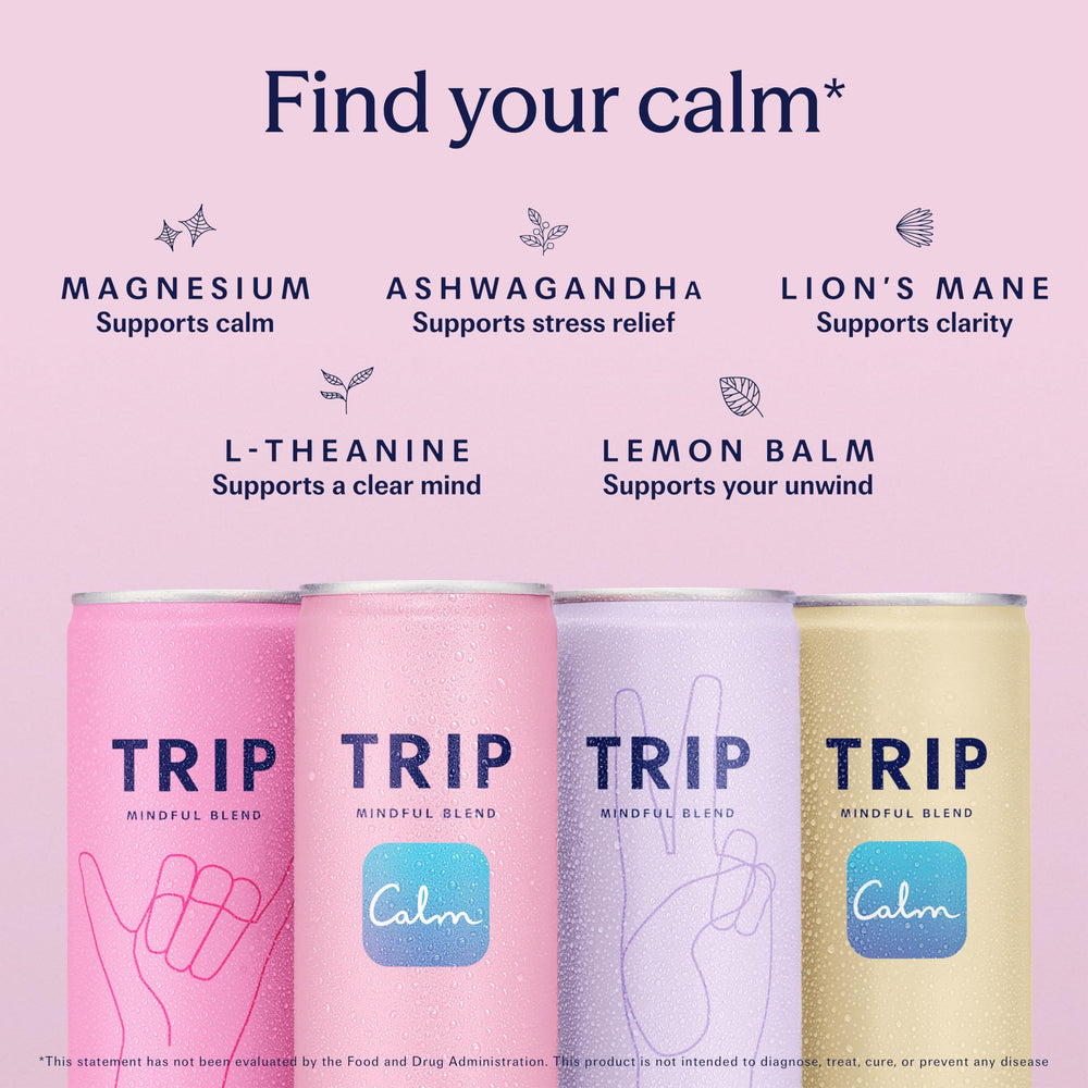 TRIP can close-up label highlighting adaptogen blend and clear branding
