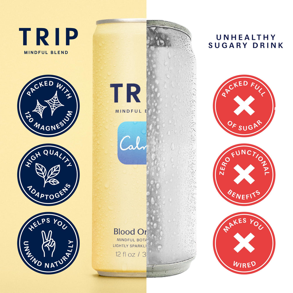 Flatlay of TRIP adaptogen ingredients like lion's mane and citrus, showing natural botanicals