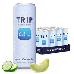 TRIP lata frontal Melon Cucumber mostrando diseño y beneficio refrescante